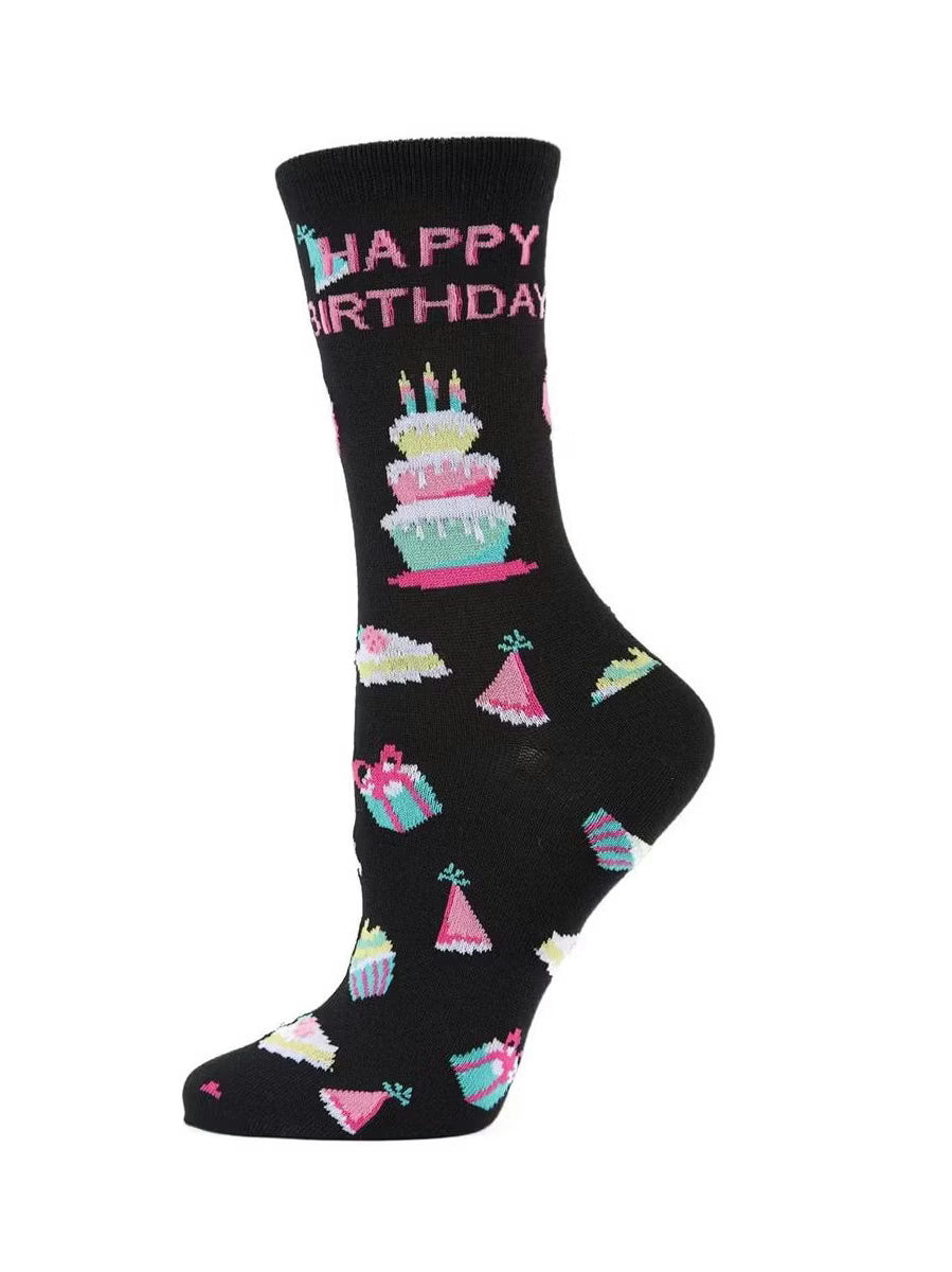  Women's Sock Black Happy Birthday&nbsp;&nbsp;Bamboo Crew 9-11&nbsp;Mwn00133