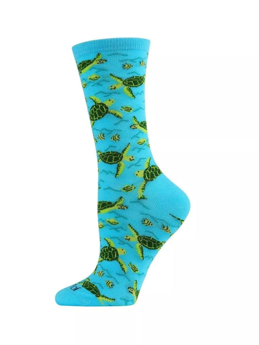 Women's Sock Turquoise Sea Turtles Bamboo Crew 9-11  Mcv05609