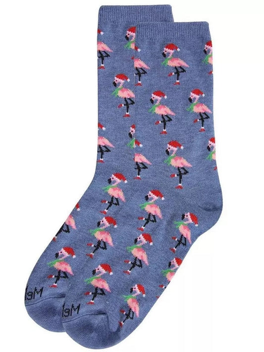 Women's Sock Denim Heather Christmas Flamingo's Crew 9-11  Mcv05788