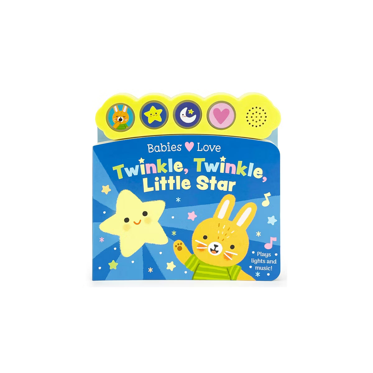 A children's interactive sound board book titled 'Twinkle, Twinkle, Little Star' by Babies Love. The book features a blue cover with a yellow star and a yellow cartoon bunny, topped with four colorful round buttons for lights and music.