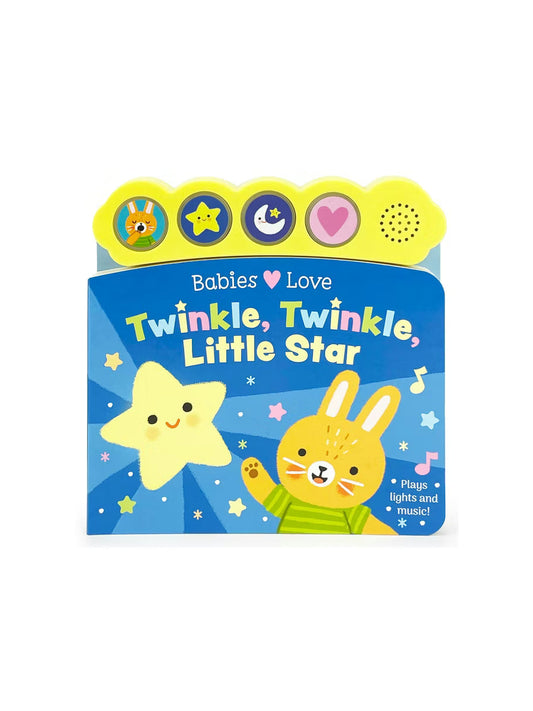 A children's interactive sound board book titled 'Twinkle, Twinkle, Little Star' by Babies Love. The book features a blue cover with a yellow star and a yellow cartoon bunny, topped with four colorful round buttons for lights and music.