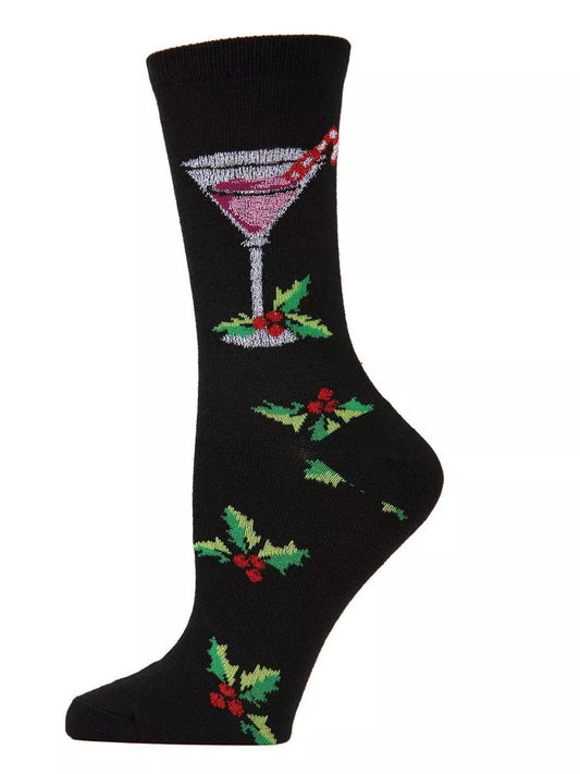 Black sock with a martini glass and holly design on a white background