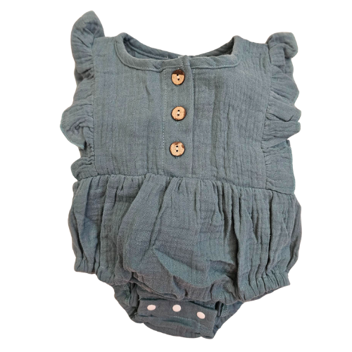 Bubble Romper -  Solid Green 100% Cotton / Gauze - Ruffle Sleeve - Elastic leg - Baby 