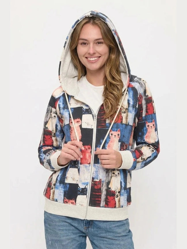 Sm-Jacket&nbsp;Colorful Patchwork Cat Print Zip-Up 2 Pocket Hoodie HO182