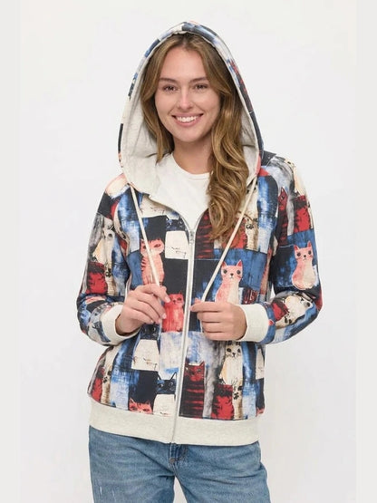 Sm-Jacket&nbsp;Colorful Patchwork Cat Print Zip-Up 2 Pocket Hoodie HO182