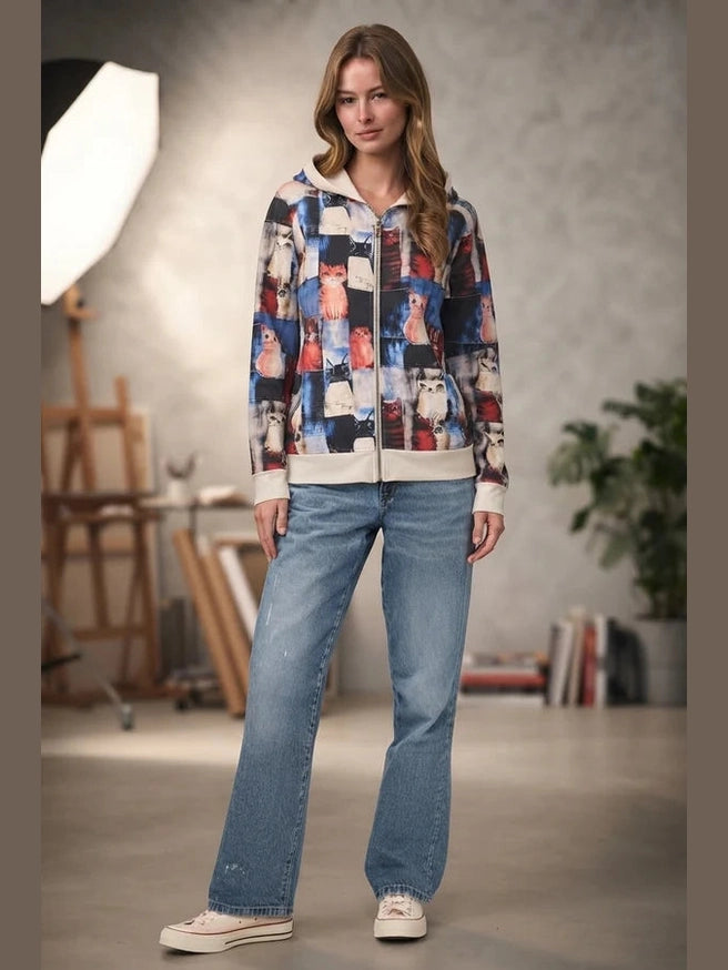 Sm-Jacket&nbsp;Colorful Patchwork Cat Print Zip-Up 2 Pocket Hoodie HO182