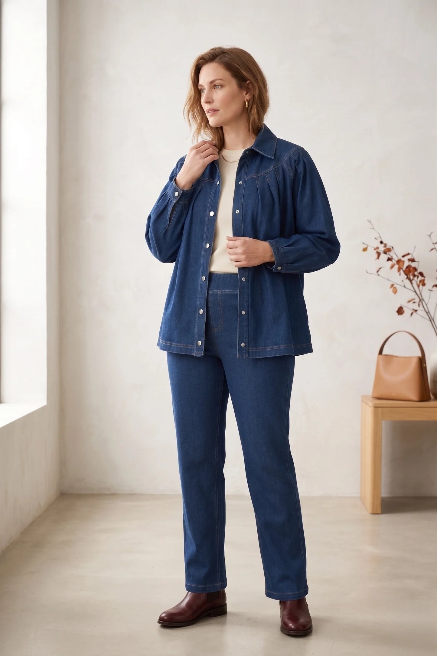 Jacket Pleated Indigo Blue Snap Front Yoke Stretch Denim D43BL