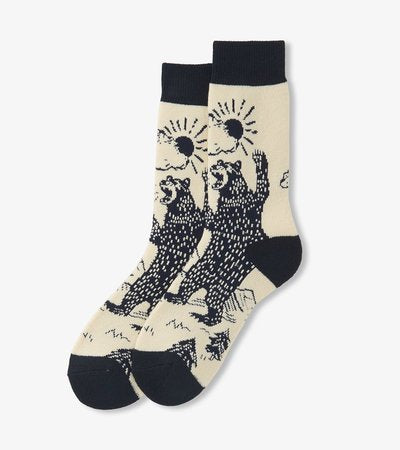 Men's Sock Black/White Grizzly Bear Cozy Socks Souwibe543 