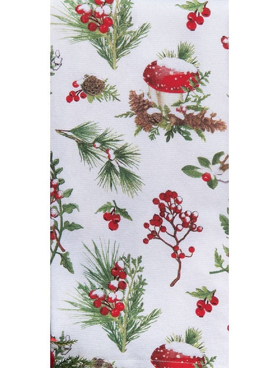 Tea Towel  Christmas Scw Greenery Snow Capped Cherries/Mushroom  Dual Purpose Terry H7203