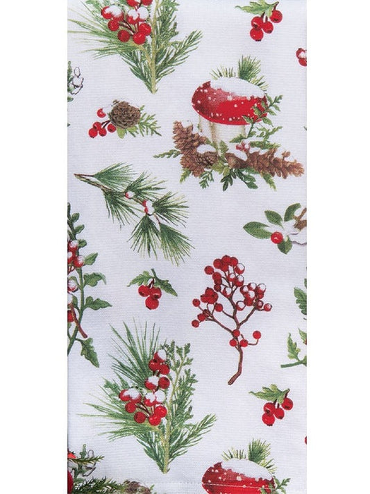 Tea Towel  Christmas Scw Greenery Snow Capped Cherries/Mushroom  Dual Purpose Terry H7203