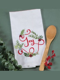 Tea Towel Joy Holly Christmas Morning Embroidered Waffle Towel H7217