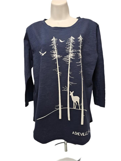 Shirt  3/4 Slub Hi-Lo  Deer on Twiggy  Natural on Navy  LQH    Ladies Fit  Asheville, NC name drop 