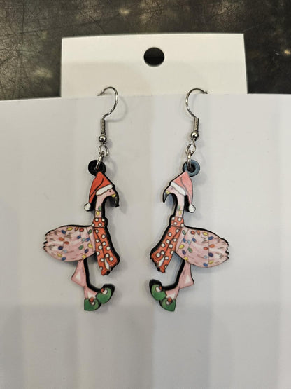 Christmas Grinch or Flamingo Wooden Earrings 