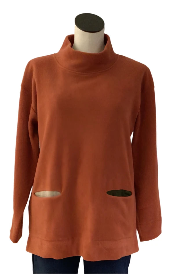 Cowl Neck Pullover Cashmere Fleece Color Pockets Persimmon 24F13-PSM 