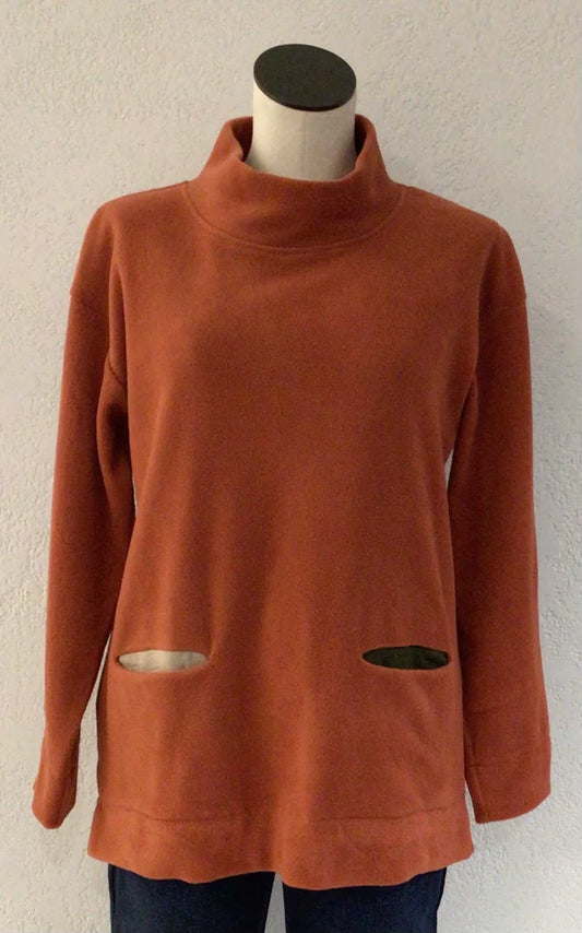 Cowl Neck Pullover Cashmere Fleece Color Pockets Persimmon 24F13-PSM 