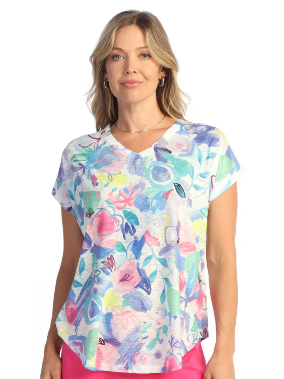 60-1960 Camelia Multi Colored  V Neck 1/4 Sleeve Women's Top