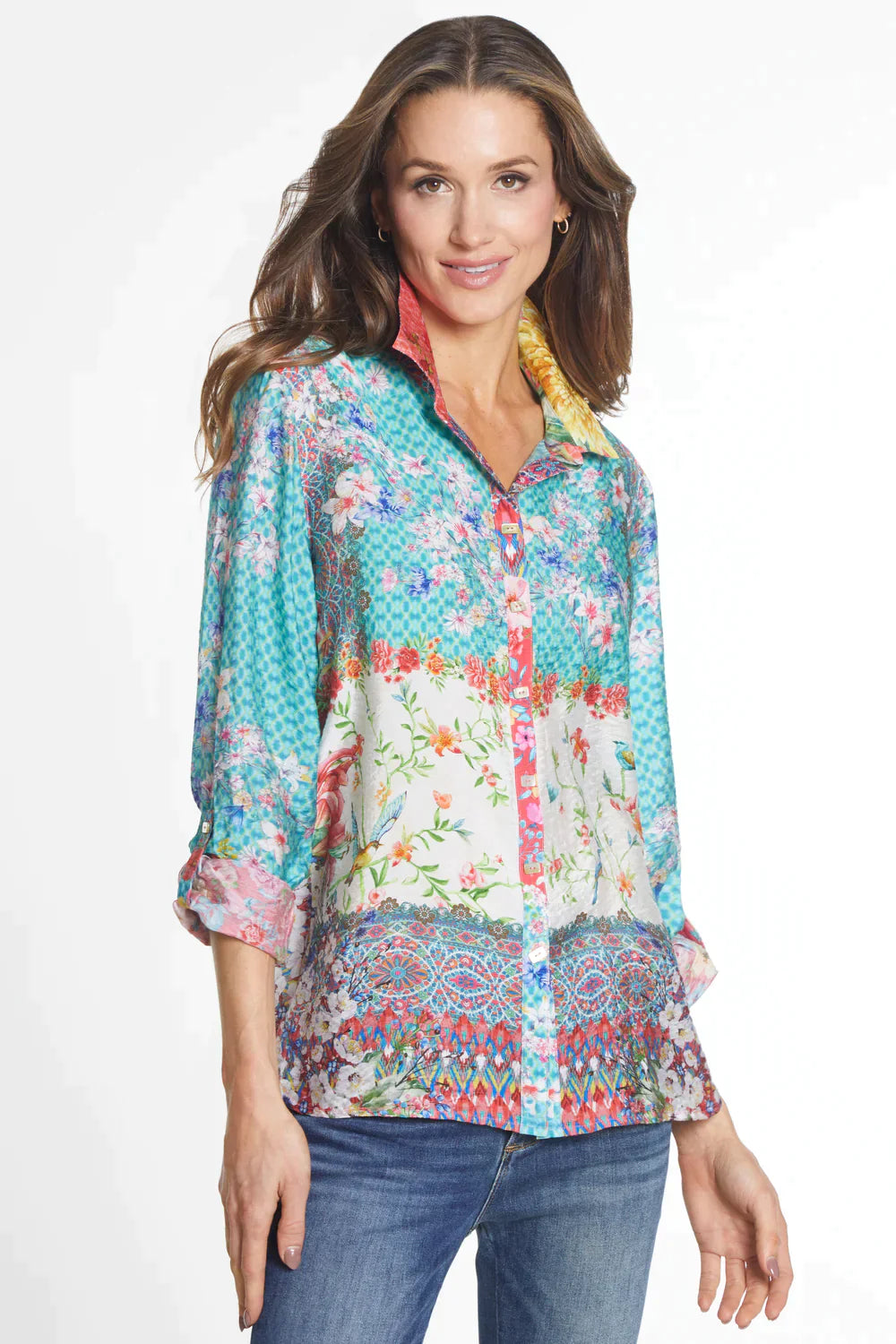 Women's Multi-BlueJay Floral-Button Up Tunic-J14235BM 