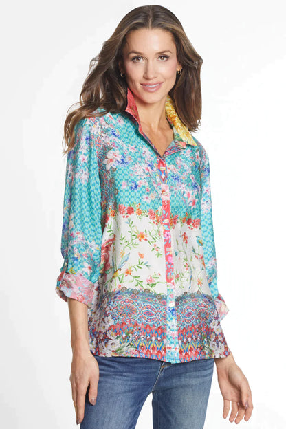 Women's Multi-BlueJay Floral-Button Up Tunic-J14235BM 