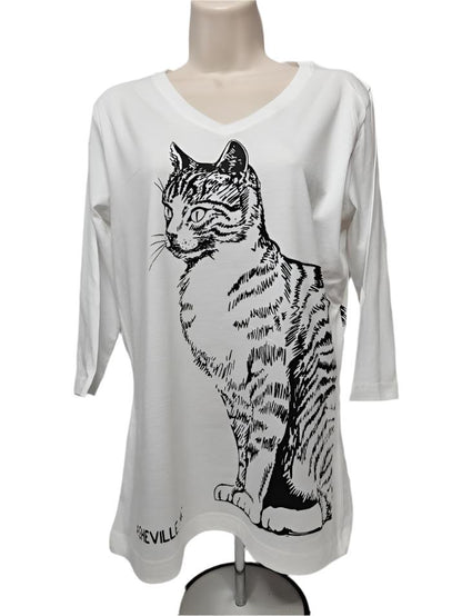 Shirt 3/4 Sleeve V-Neck  Cat Tails - Black on White   LQV    Ladies Fit   Asheville, NC name drop 