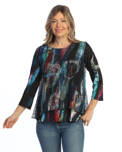 Jess &amp; Jane-Km7-2122&nbsp; Windsor Multi Colored W Bounce Mesh Overlay 3/4 Sleeve Women's Top