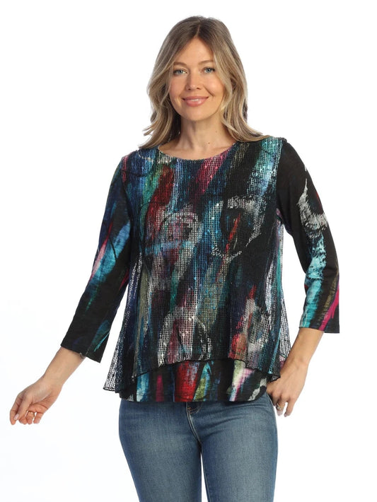 Jess &amp; Jane-Km7-2122&nbsp; Windsor Multi Colored W Bounce Mesh Overlay 3/4 Sleeve Women's Top