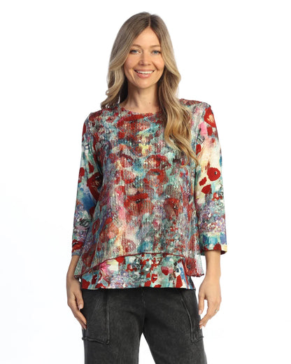 Km7-2124 Prima Multi Colored W Bounce Mesh Overlay 3/4 Sleeve Women's Top