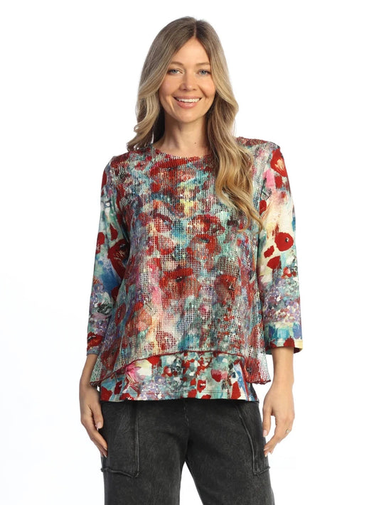 Km7-2124 Prima Multi Colored W Bounce Mesh Overlay 3/4 Sleeve Women's Top