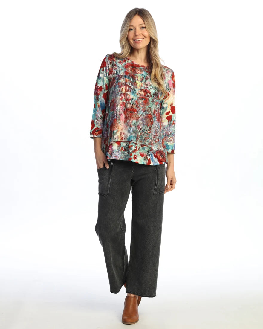 Km7-2124 Prima Multi Colored W Bounce Mesh Overlay 3/4 Sleeve Women's Top