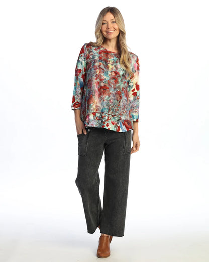Km7-2124 Prima Multi Colored W Bounce Mesh Overlay 3/4 Sleeve Women's Top