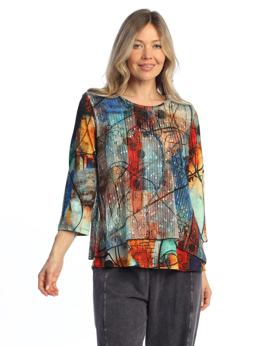 Km7-2129&nbsp; Vogue Multi Colored W Bounce Mesh Overlay 3/4 Sleeve Women's Top