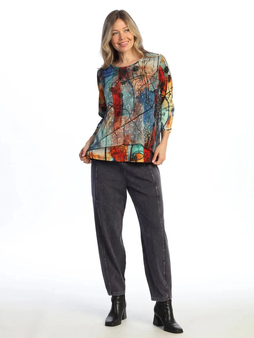 Km7-2129&nbsp; Vogue Multi Colored W Bounce Mesh Overlay 3/4 Sleeve Women's Top