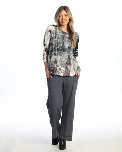 Km7-2122&nbsp; Aurelia Multi Colored W Bounce Mesh Overlay 3/4 Sleeve Women's Top