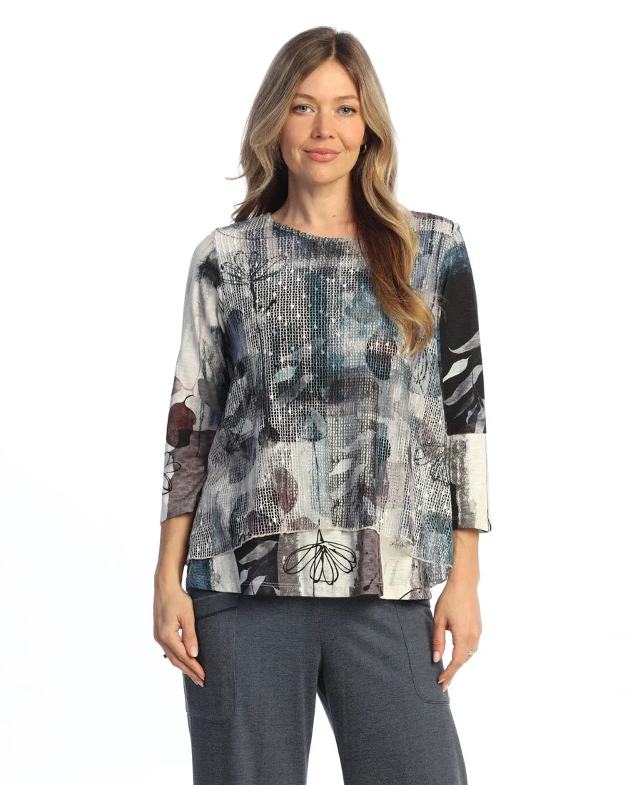 Km7-2122&nbsp; Aurelia Multi Colored W Bounce Mesh Overlay 3/4 Sleeve Women's Top