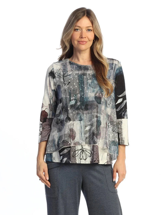 Km7-2122&nbsp; Aurelia Multi Colored W Bounce Mesh Overlay 3/4 Sleeve Women's Top