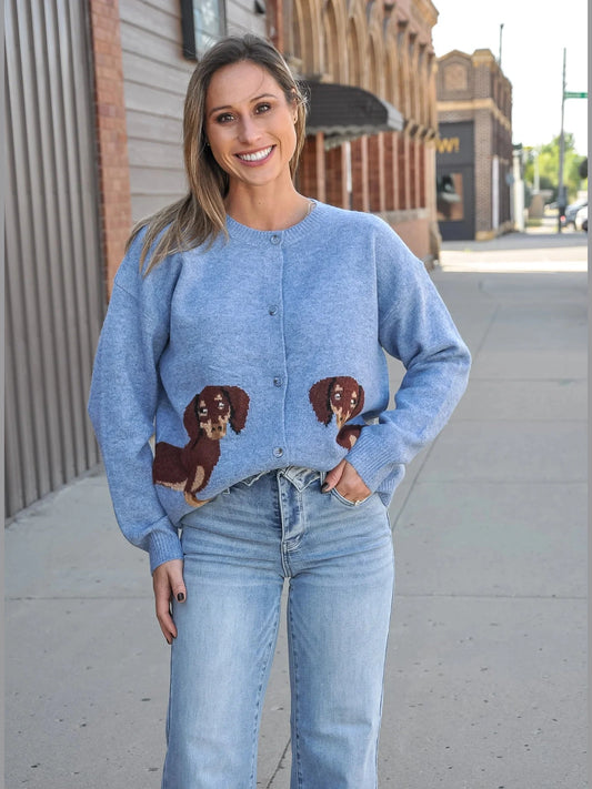 Cardigan Light Blue /Brown Dog Long Sleeve&nbsp; Women's 56419