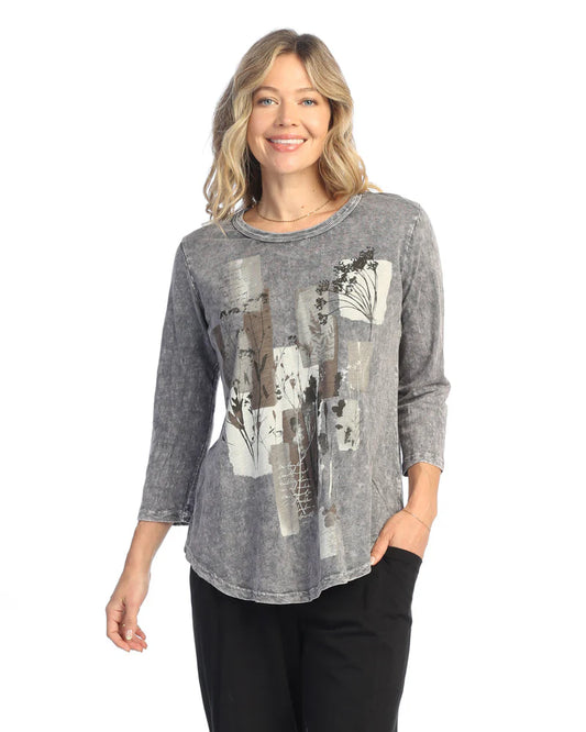 Jess & Jane M106-2026 Midnight Grey 3/4 Sleeve with Flowers - Women's Top