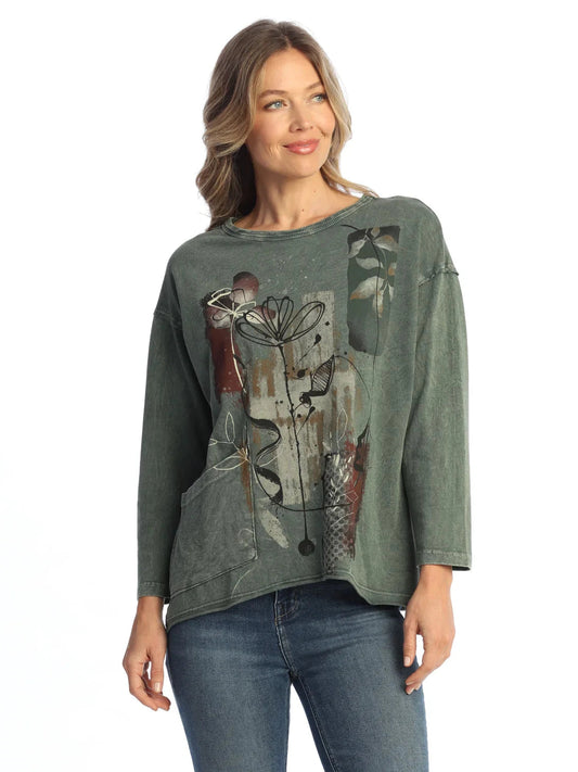 M111-2163 Olive Antigua 1 Pocket Long Sleeve French Terry  Women's Top