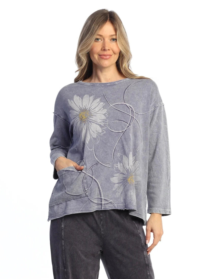 M111-2281 Jesse&nbsp; Vintage Blue1 Pocket Long Sleeve French Terry&nbsp; Women's Top