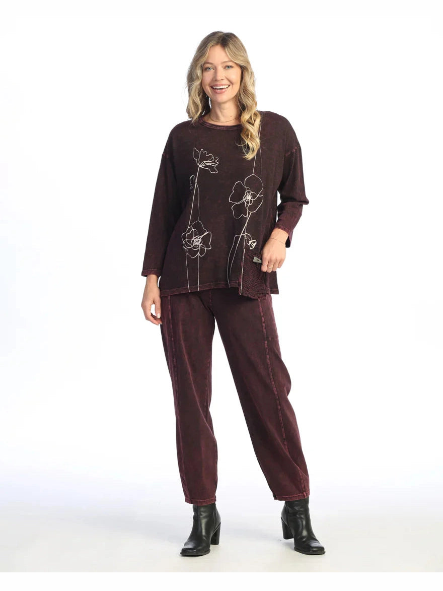 M112-2033 Wine Sketch Flower Print Mineral Washed Long Sleeve 1 Pocket Tunic Women's