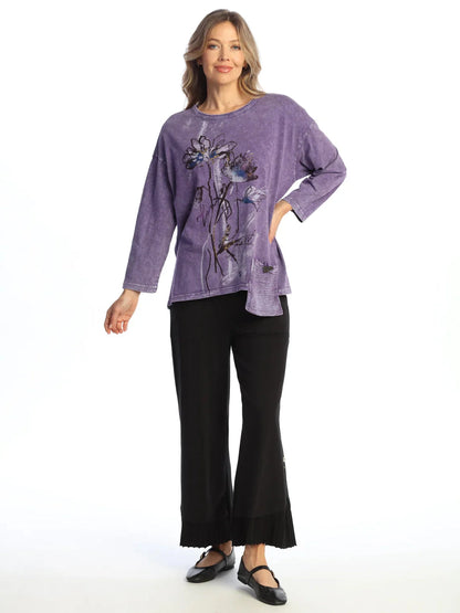 M112-2148 Purple Lorena Flower Print Mineral Washed Long Sleeve 1 Pocket Tunic Women's