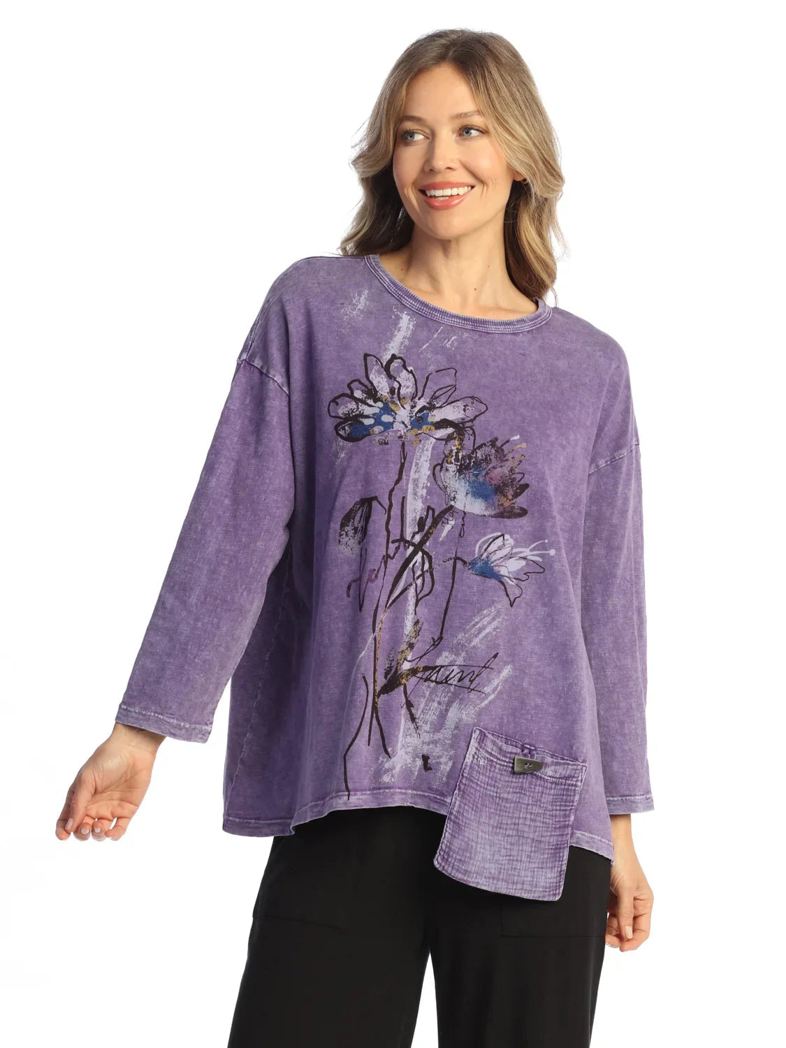 M112-2148 Purple Lorena Flower Print Mineral Washed Long Sleeve 1 Pocket Tunic Women's