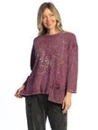 M112-2274 Purple Vignette&nbsp; Flower/Dragon Fly Print Mineral Washed Long Sleeve 1 Pocket Tunic Women's