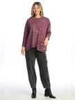 M112-2274 Purple Vignette&nbsp; Flower/Dragon Fly Print Mineral Washed Long Sleeve 1 Pocket Tunic Women's