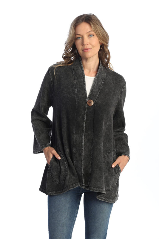 Jess & Jane M114 - Black - Women's Mineral Washed Fleece Cardigan 