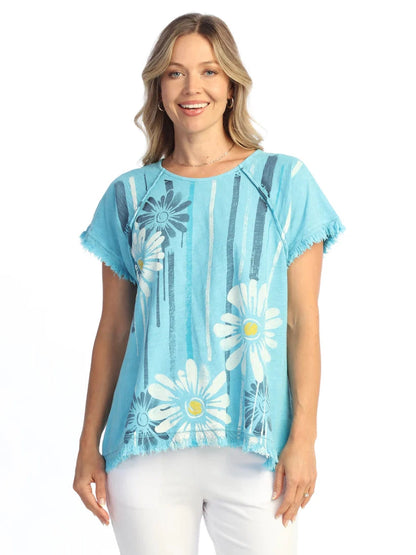 M115-2211 Groovy Light Blue Sun Flower Short Sleeve Pullover Women's