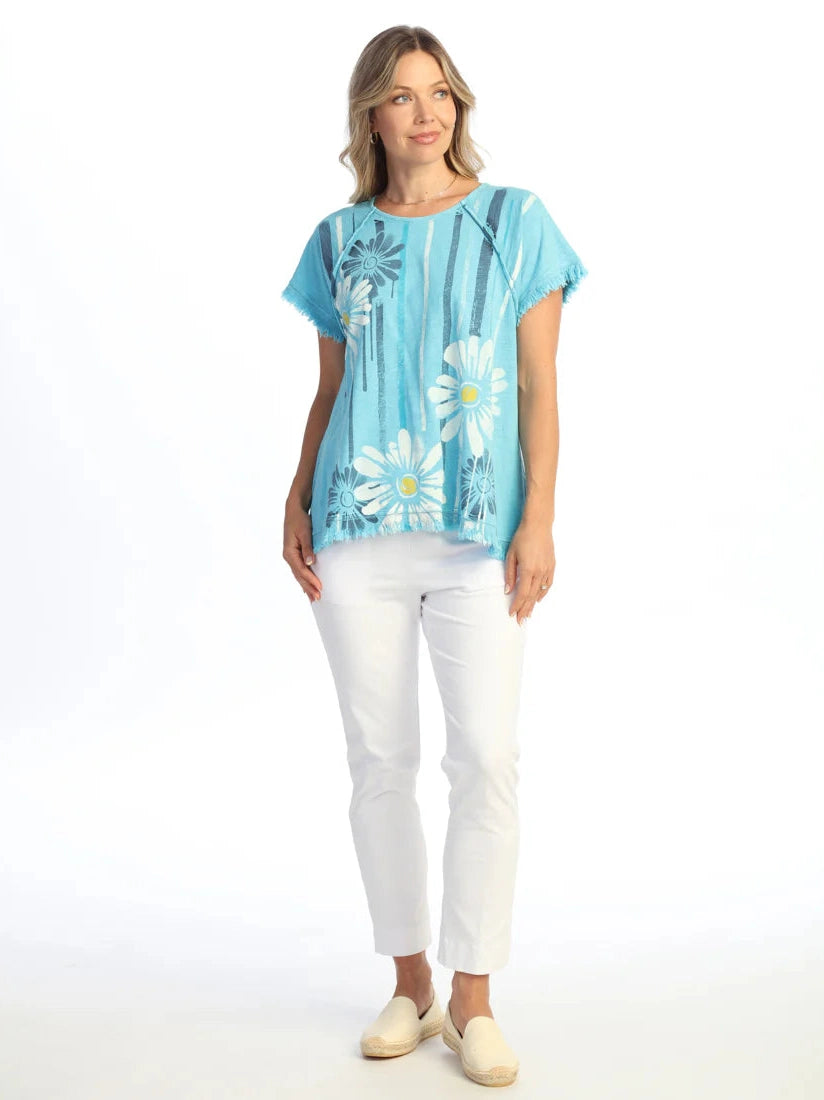 M115-2211 Groovy Light Blue Sun Flower Short Sleeve Pullover Women's