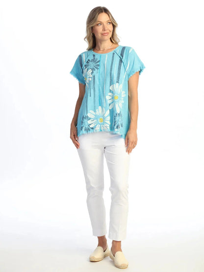 M115-2211 Groovy Light Blue Sun Flower Short Sleeve Pullover Women's