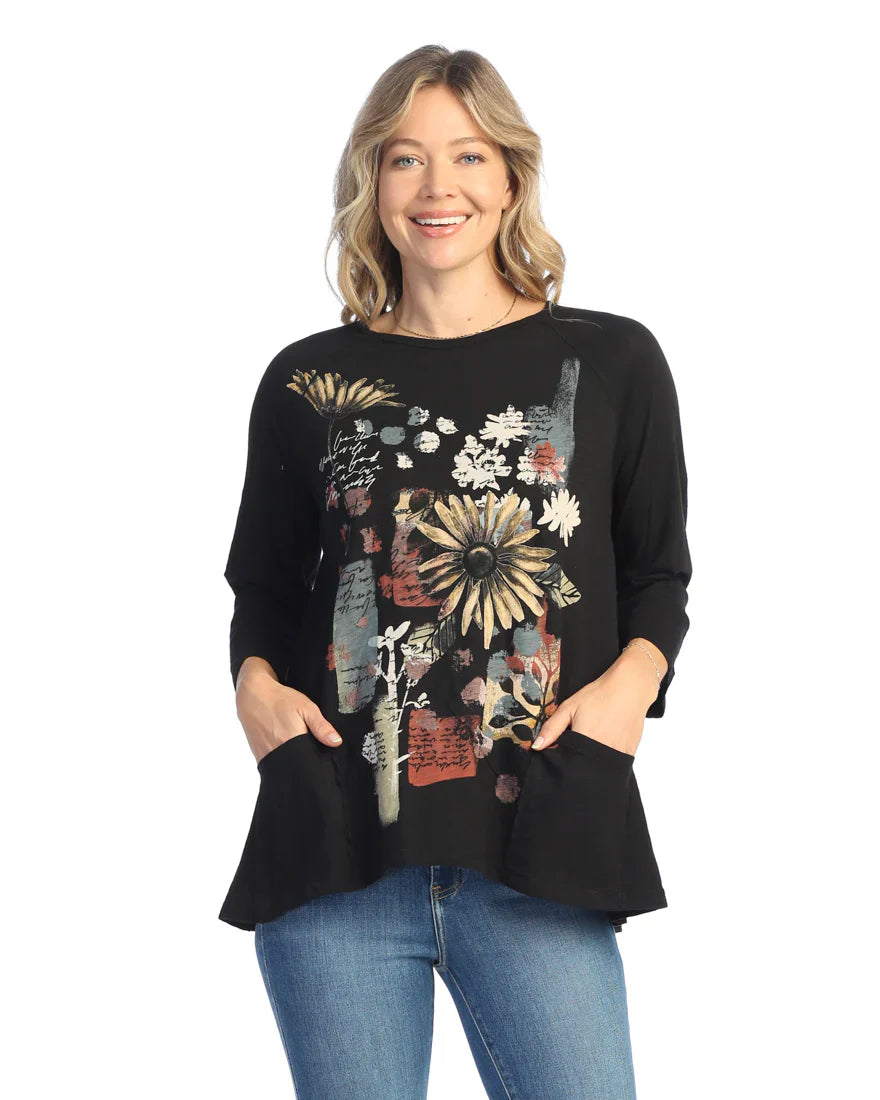 M12-2042 Tunic w/ 2 Pockets - Jet Black Golden Flower 