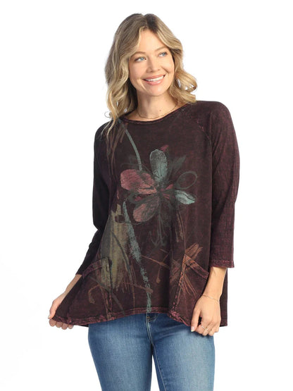 M12-2046 Wine Field Notes Flower Print 2 Pocket Tunic Women's Top