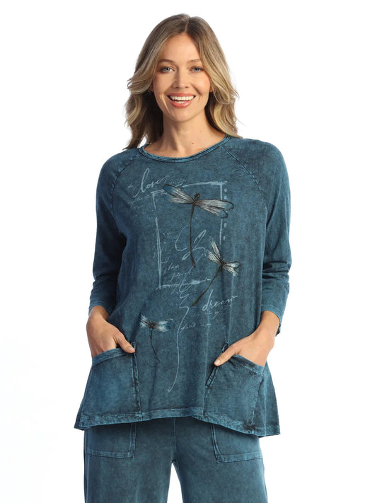 M12-2146 Sapphire Flutter Dragon Fly Print 2 Pocket Tunic Women's Top